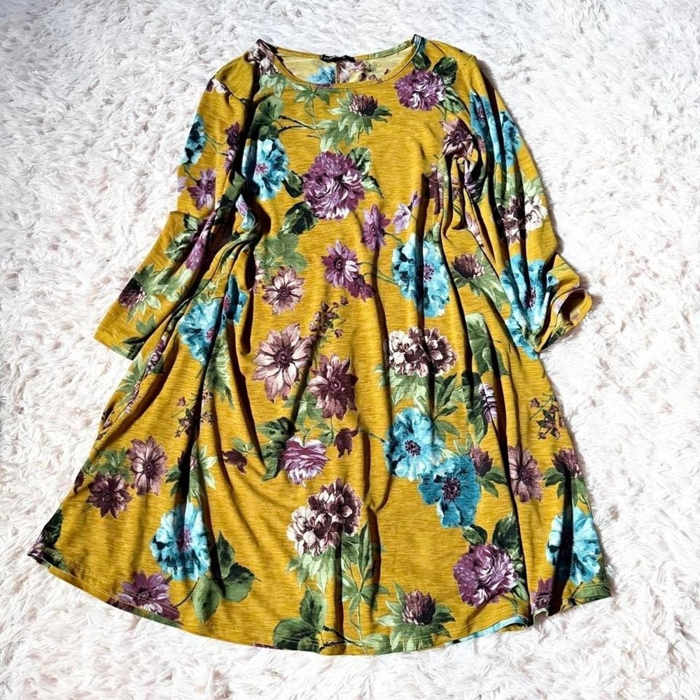 Mustard Floral Autumn Rich Floral Slinky Shift Dress Womens L Cottage Core Boho